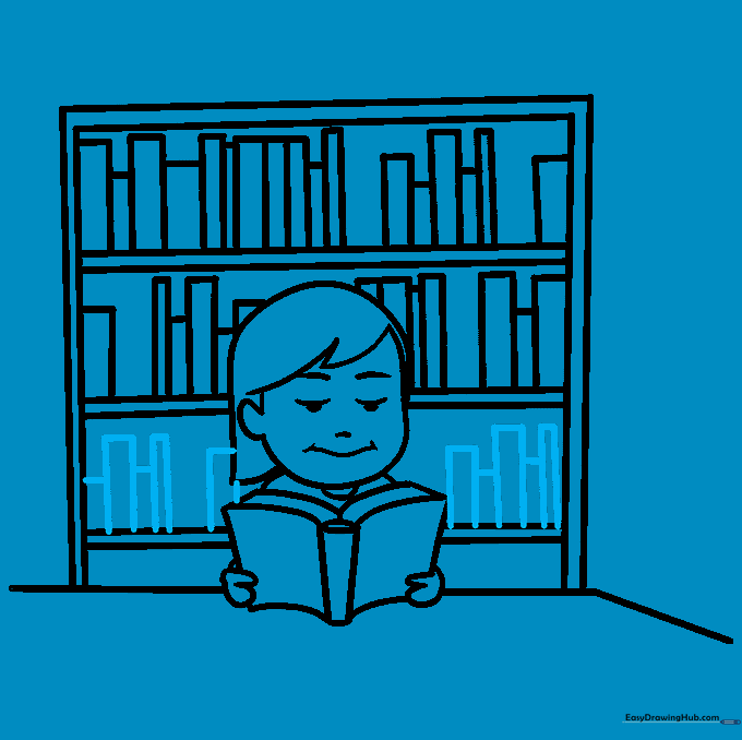 Adding books to the third shelf of the library bookcase.