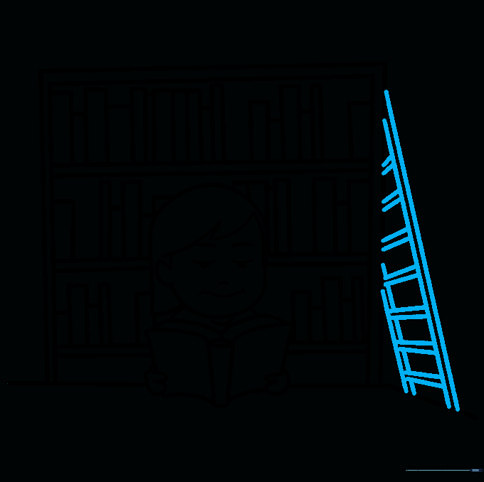 Sketch of a library ladder leaning against the side of the bookshelf.