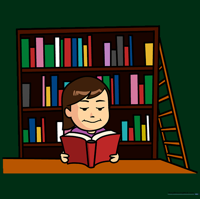Final colored drawing of a student reading in a library with a full bookshelf and ladder.