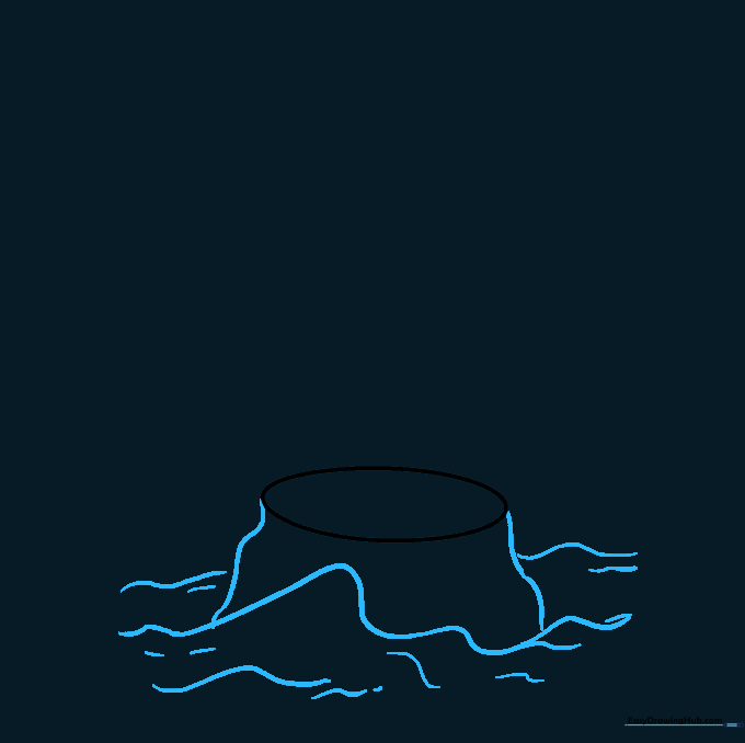 Wavy lines added around the base oval to depict rocky cliffs and ocean waves.