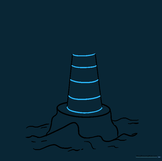 Horizontal curved lines drawn across the tower body to represent lighthouse stripes.