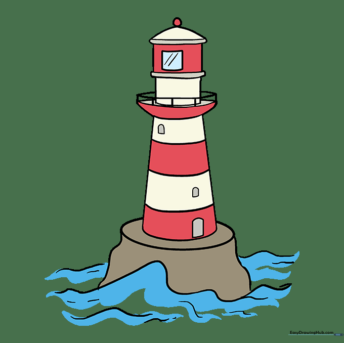 The finished lighthouse drawing colored with classic red and white stripes.