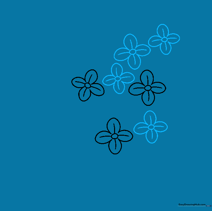 Multiple small lilac flowers grouped together in a cluster sketch.