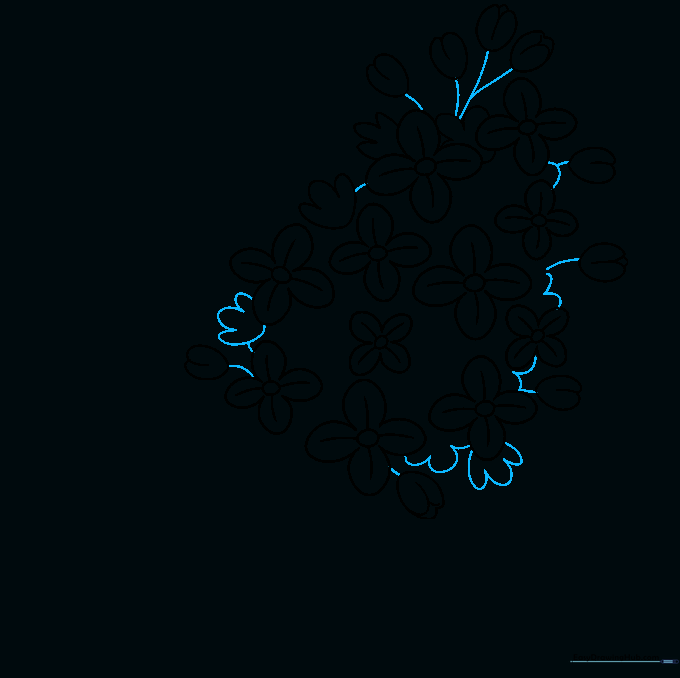 Refining the outer edges of the lilac cluster with connecting lines and stems.