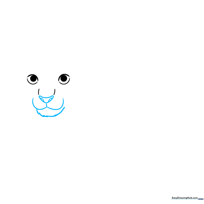 Drawing the lion cub's nose and mouth with jagged fur lines on the chin.