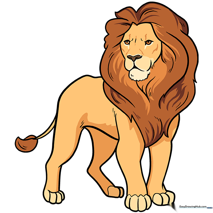 A fully colored, majestic cartoon lion with sandy fur and a dark, detailed mane.