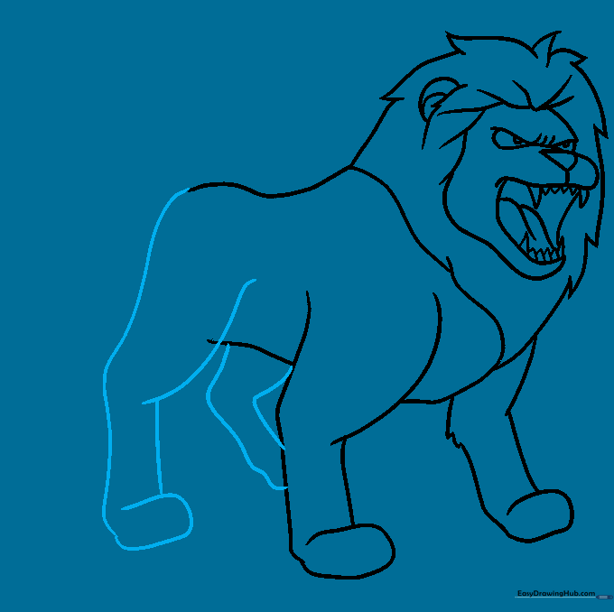 Rear legs added to the lion's body, showing the natural bend of the limb.
