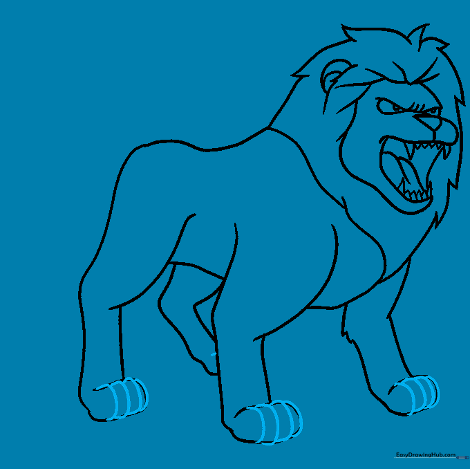Close-up detail of the lion's paws with toe markings added.