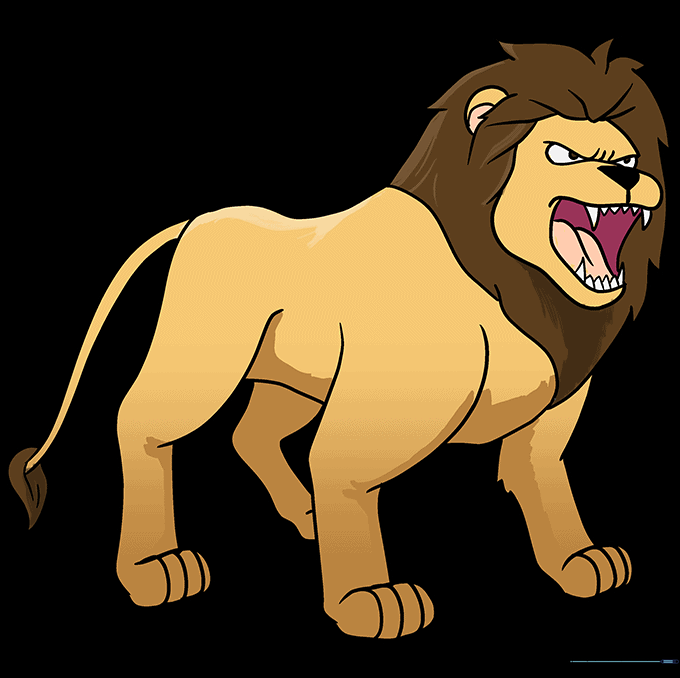 Finished, colored illustration of a roaring lion in shades of tan and gold.