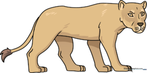 A completed, friendly-looking cartoon lioness standing in a savanna setting.