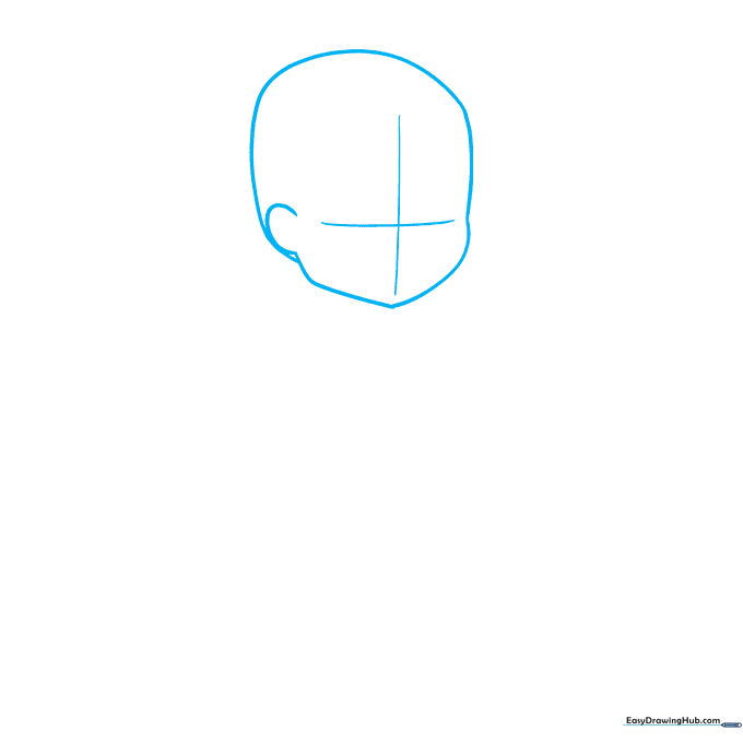 Pencil sketch showing a rounded anime head shape with light cross-hair guidelines for facial placement.