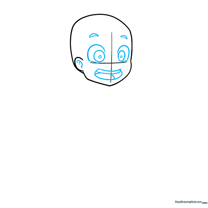Detailed drawing of anime eyes, eyebrows, and an open mouth with teeth positioned on the face grid.