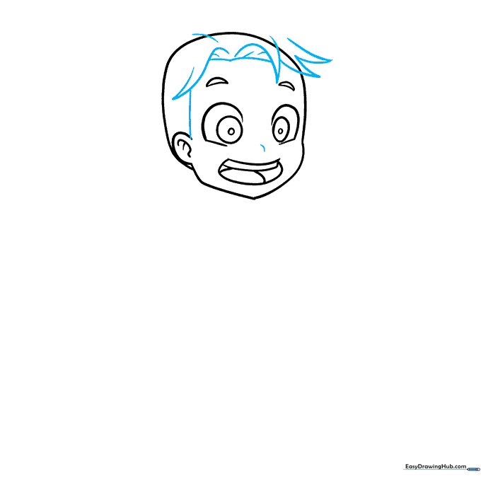 Anime boy face with guidelines removed, showing the addition of spiky hair and a small nose.