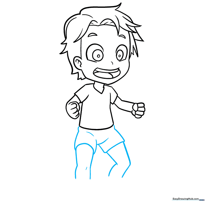 The anime boy's lower body, showing shorts and the start of the legs.