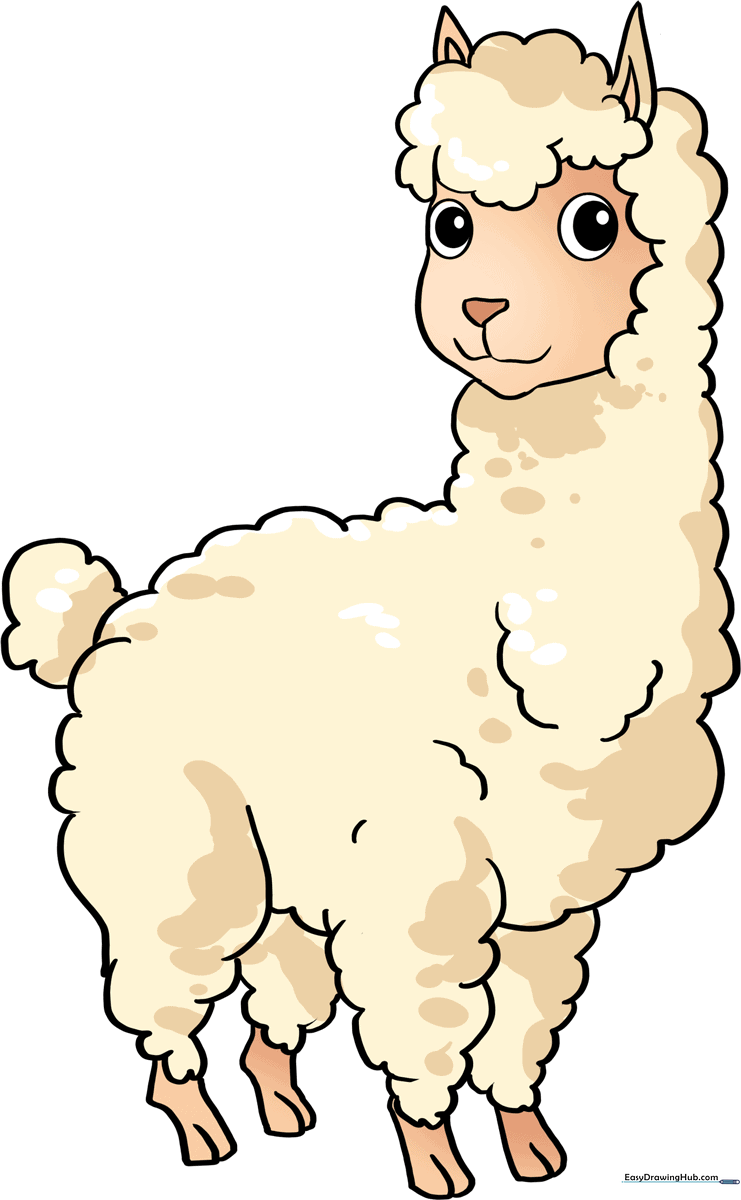A friendly, finished cartoon llama drawing, colorful and ready for inspiration.