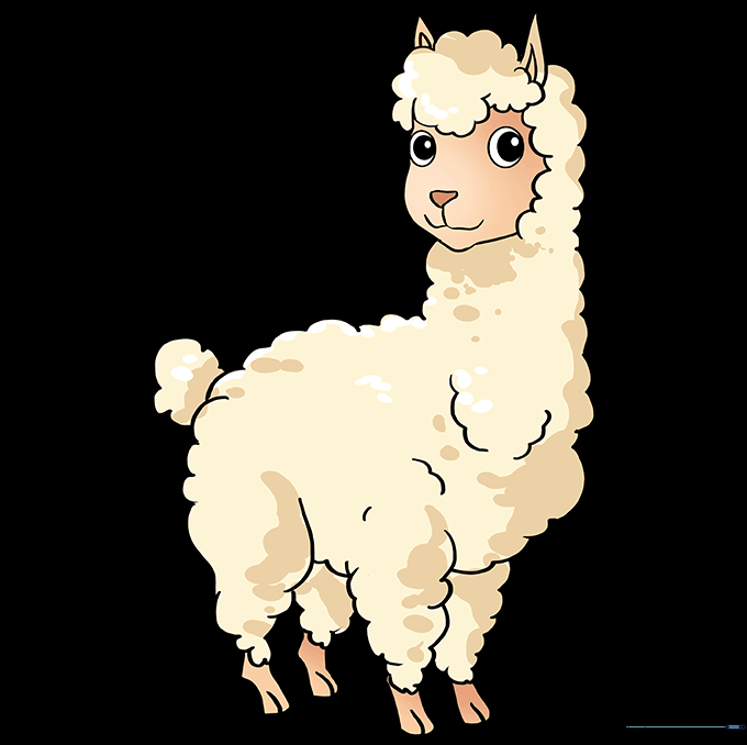 Finished, colored-in llama drawing with soft brown and cream tones.