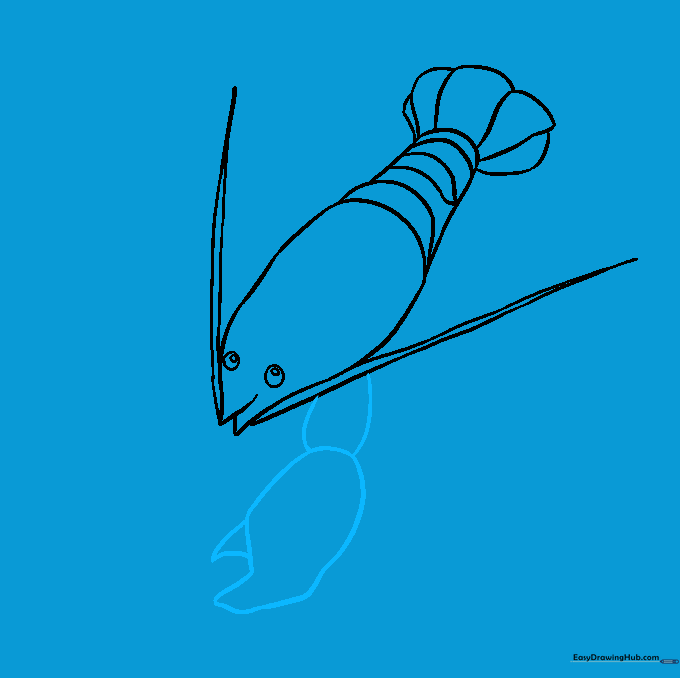 Detailing the lobster's large front claw using rounded and triangular shapes.