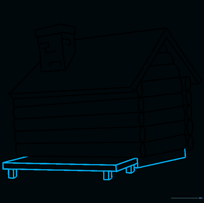 Drawing the porch foundation and supports in front of the cabin.