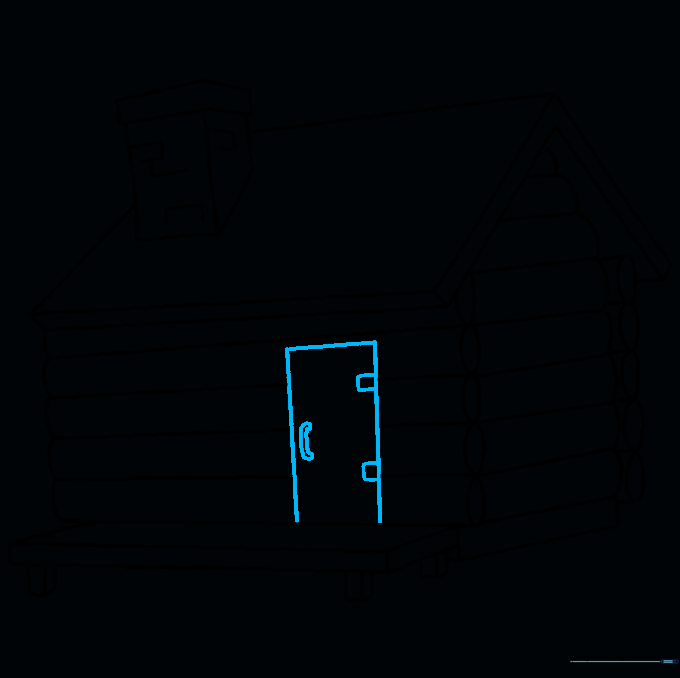 Drawing a door with hinges and a handle on the front of the log cabin.