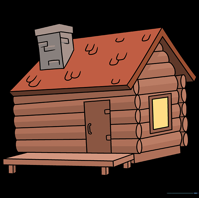 Final colored log cabin drawing with brown logs and a detailed roof.