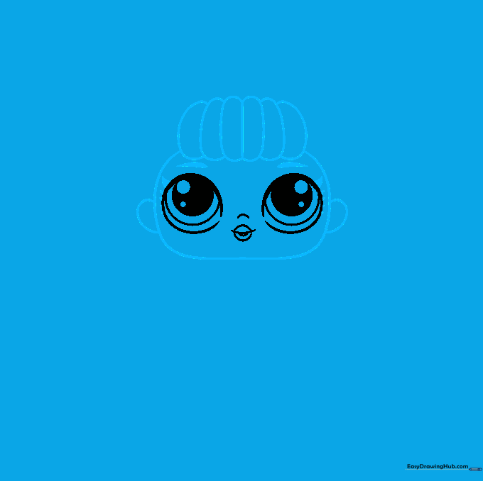 The doll's face outline with bangs, ears, and defined eyebrows added to the previous eye sketch.