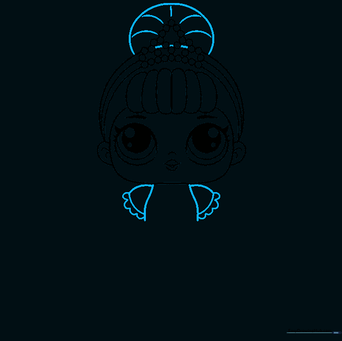 The doll's head with a top bun and the beginning of the dress bodice and sleeves.