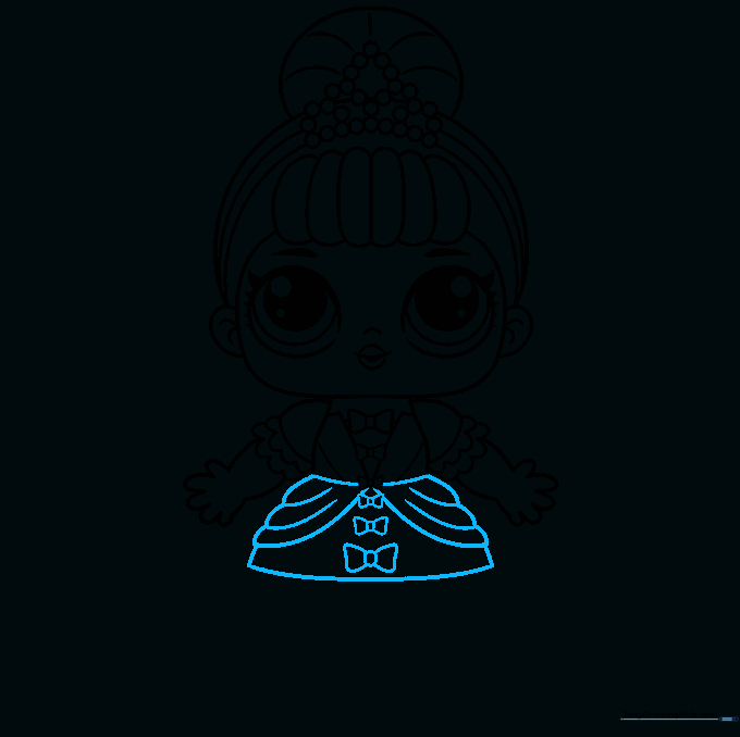 The doll's skirt added with overlapping curved lines and additional bows.