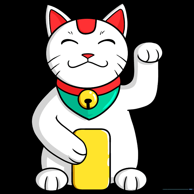 A fully colored, vibrant cartoon lucky cat drawing.