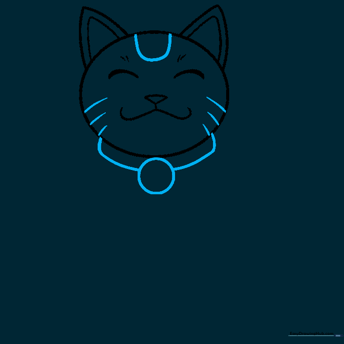 Drawing showing the addition of whiskers, a forehead spot, and a collar with a central coin.