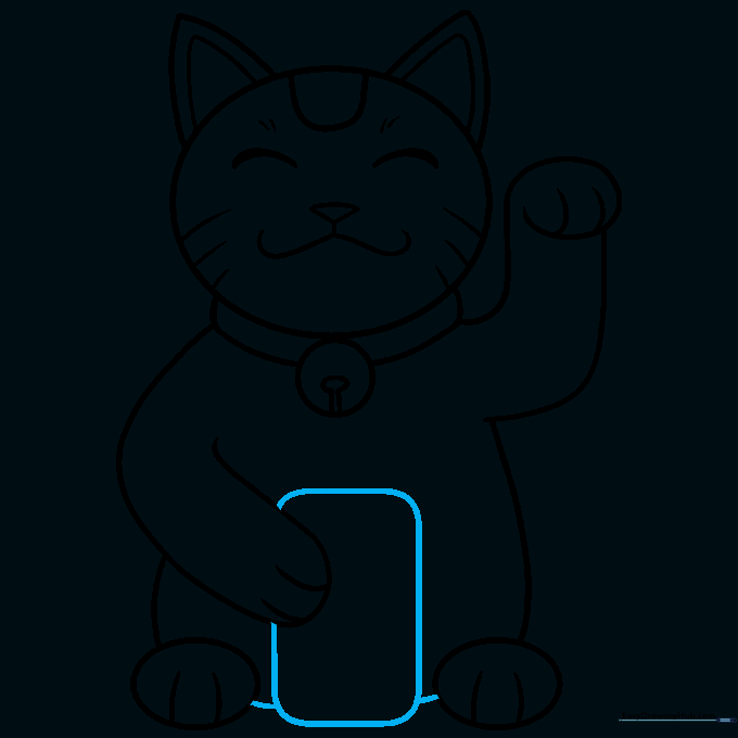 Sketching a rectangular coin detail within the cat's paw area.