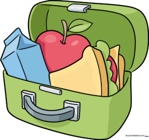 A colorful, finished cartoon lunch box drawing featuring a sandwich, milk, and an apple.