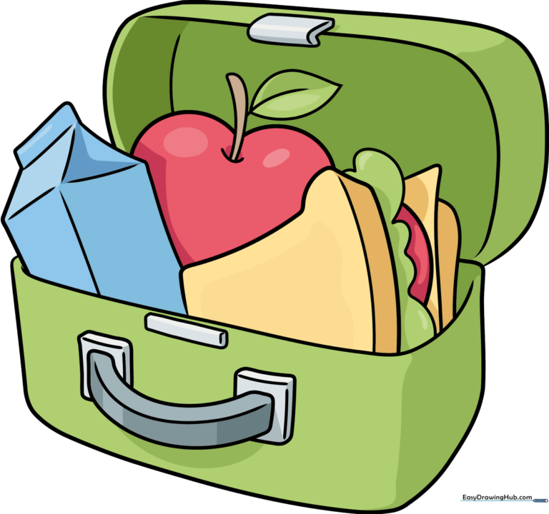 A colorful, finished cartoon lunch box drawing featuring a sandwich, milk, and an apple.