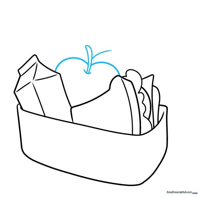 Sketching a cartoon apple with a stem and leaf next to the other lunch items.