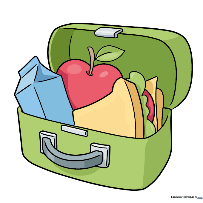 A fully colored and decorated cartoon lunch box drawing.