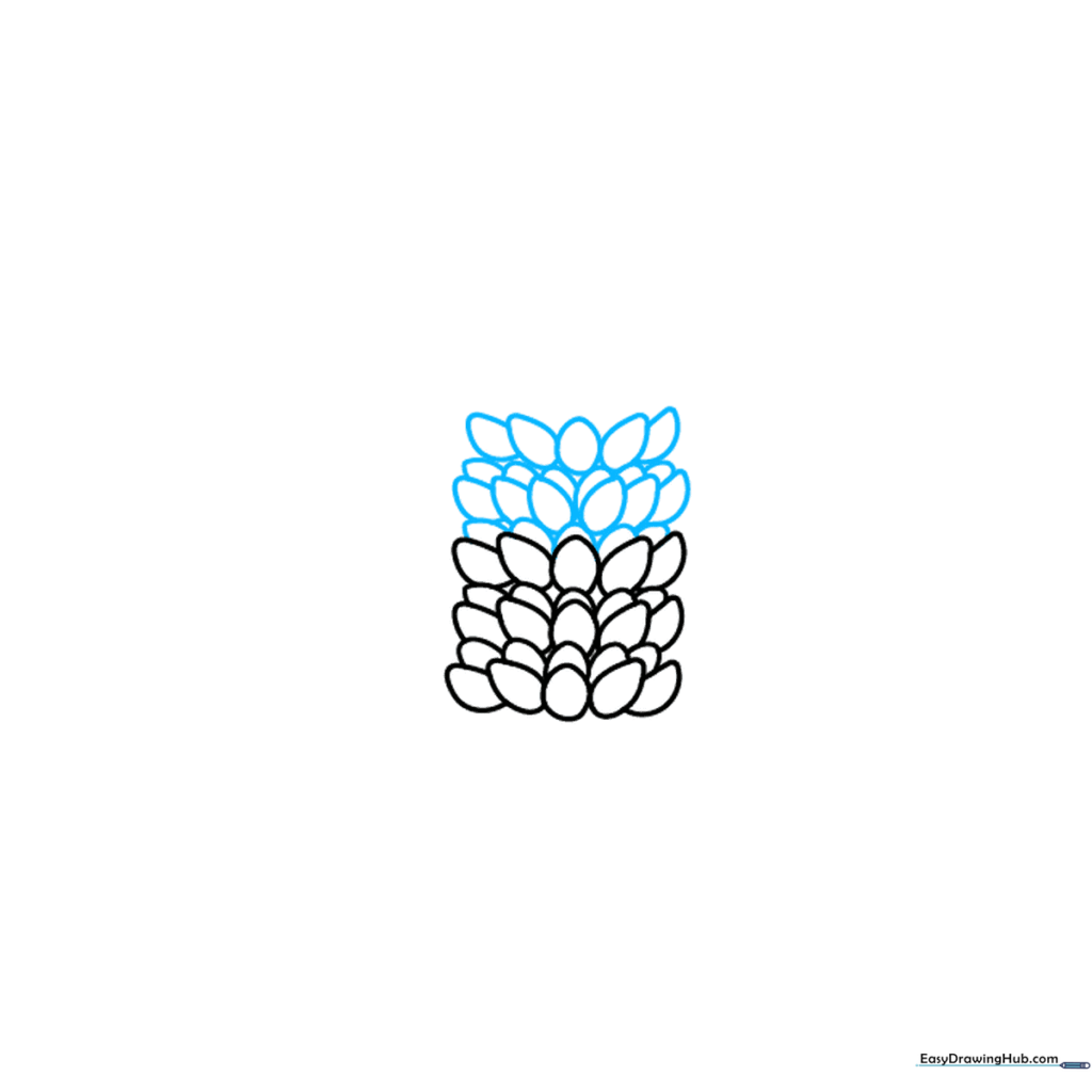 Step 3 of drawing a lupine, focusing on adding more rows of petals to the central spike.