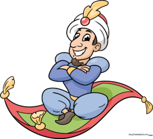 Vibrant, finished illustration of a cartoon magician flying on a magic carpet.