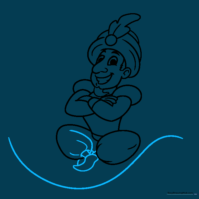 Pencil sketch showing the character sitting on a curved, wave-like magic carpet.