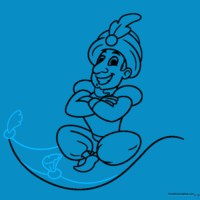 Pencil sketch adding decorative tassels and patterns to the magic carpet.