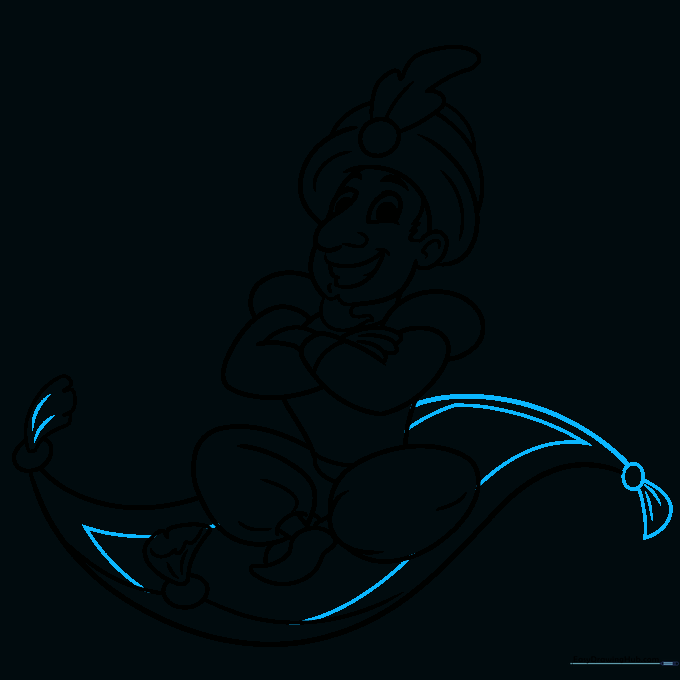 Final pencil outline of the character on the magic carpet with pattern details.