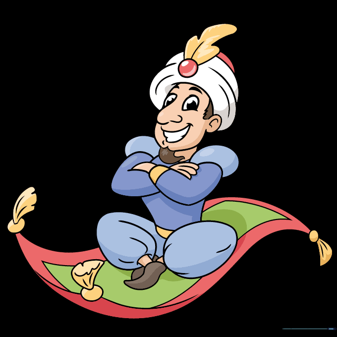Finished, colorful drawing of a cartoon character riding a magic carpet.