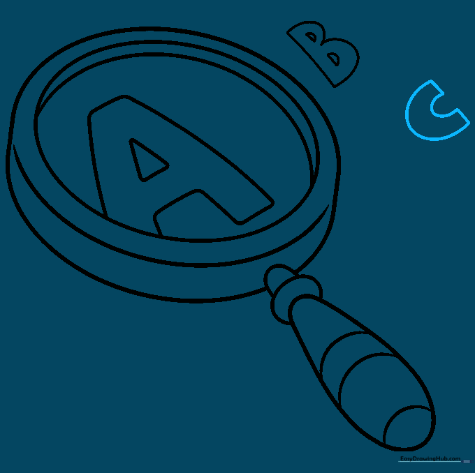 Drawing showing the letter C added to complete the sequence inside the lens.