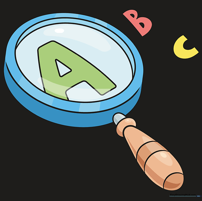 Final colored drawing of a magnifying glass with the letters ABC inside the lens.
