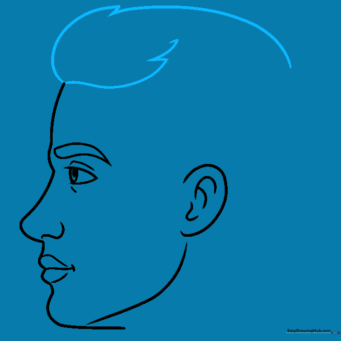 Outline of a man's hair using jagged and curved lines above the forehead.