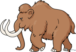 A finished, colorful illustration of a woolly mammoth standing in a snowy landscape.