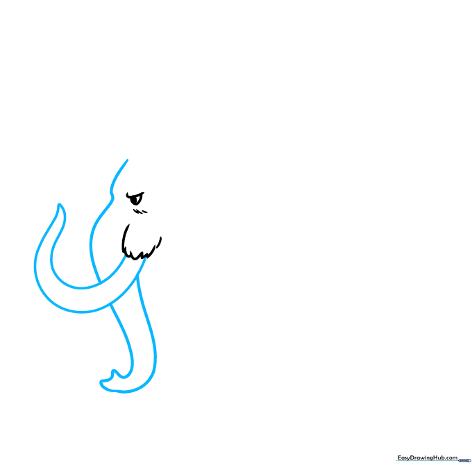 Drawing the long curved tusk and the hanging trunk of a mammoth.