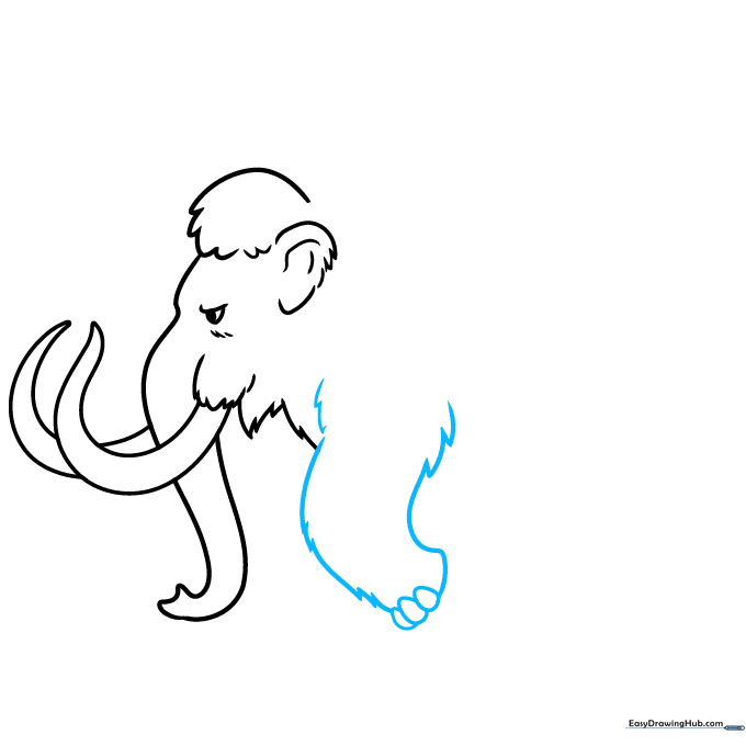 Drawing the front leg of the mammoth with detailed toenails.