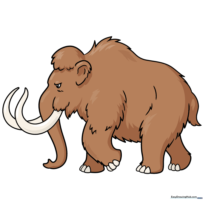 A fully colored, cartoon woolly mammoth drawing.