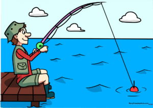 Colorful illustration of a man fishing on a dock, perfect for kids.