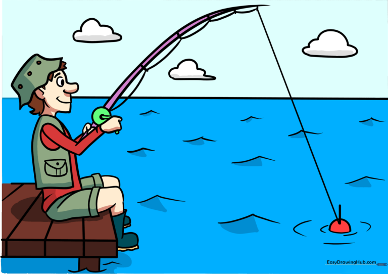 Colorful illustration of a man fishing on a dock, perfect for kids.