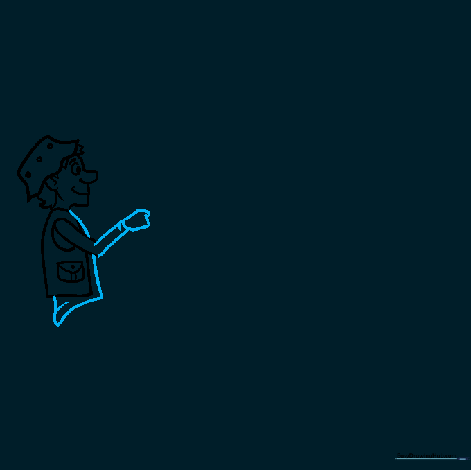 Drawing the arms and hands of the fisherman.